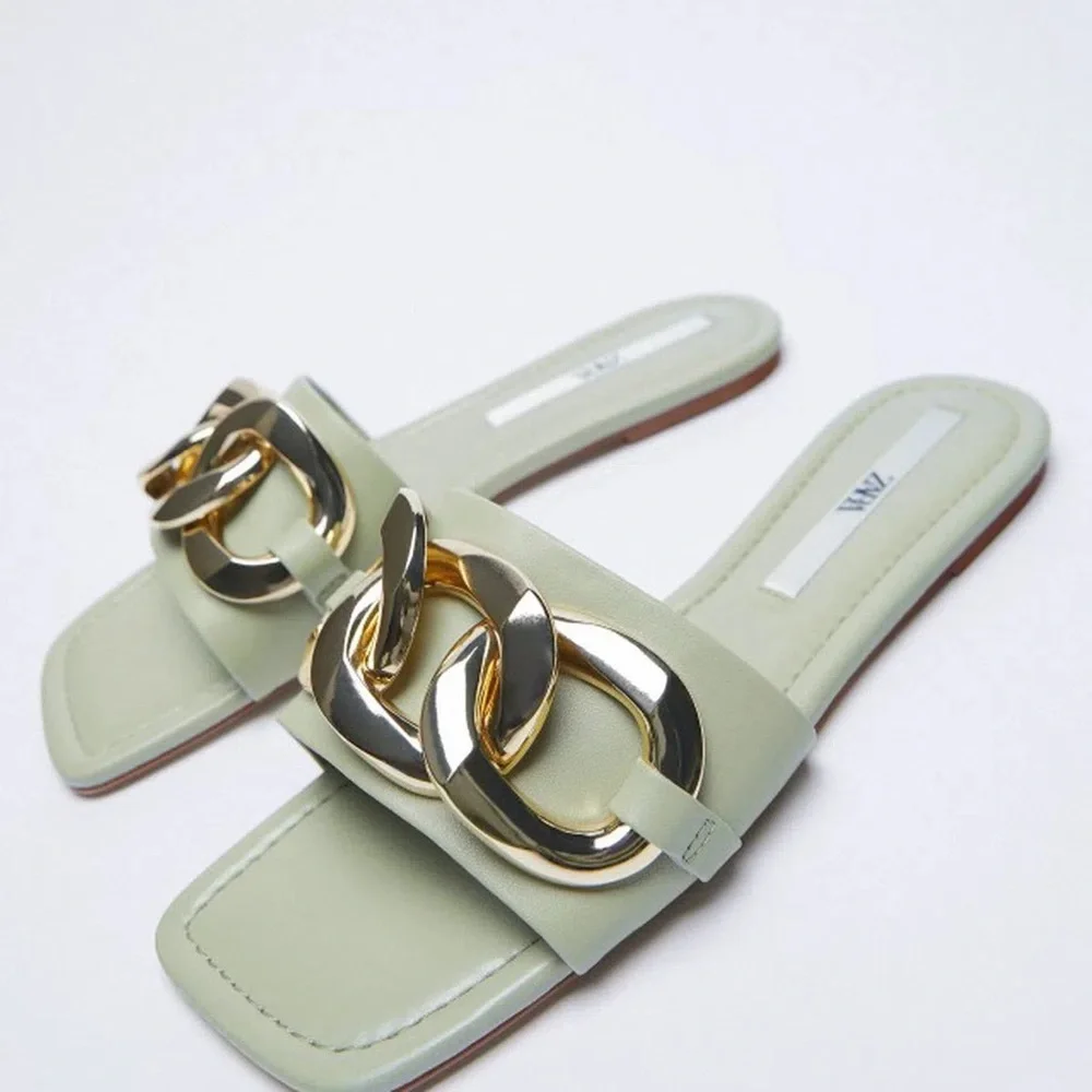 Zara Mint Green Sandals with Gold Chain Accent - Picture 2 of 10